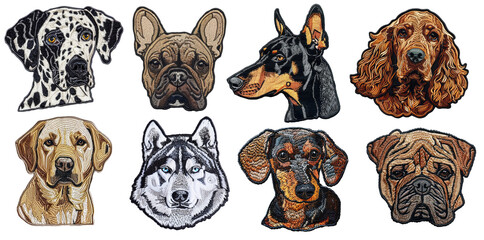 Dogs breeds embroidered patch badge set on transparent background - obrazy, fototapety, plakaty