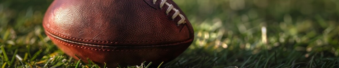 Detailed view of a Gaelic football on the grass, highlighting its stitching and the texture of the leather