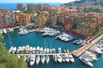 Monaco. Top view of Monte Carlo and the port located on the shores of the Ligurian Sea.
