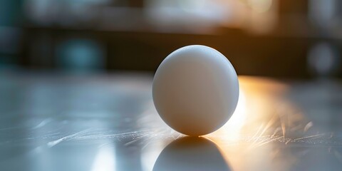 Macro of a ping pong ball on the table, with a sharp focus on its glossy surface and the surrounding blur - obrazy, fototapety, plakaty