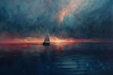 Nautical twilight with a lone yacht, a beacon of solitude in the vast marine expanse