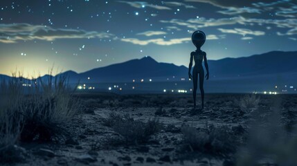 Moonlit Area 51, a stealthy alien encounter amidst the notorious desert facility - obrazy, fototapety, plakaty