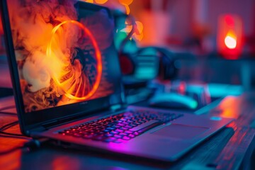 Overworked laptop on a desk, its fan casting a fiery hue as code compiles in the background - obrazy, fototapety, plakaty