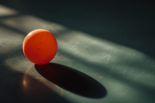 Macro shot of a paddle ball on the table, emphasizing the rubber surface and the ball's shadow