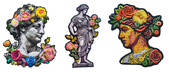 Romantic statue embroidered patch badge set on transparent background