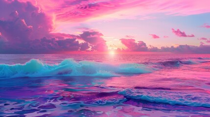 A pink and blue sunset over the ocean. - obrazy, fototapety, plakaty