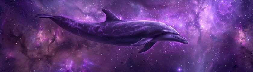 A purple dolphin swimming through a purple nebula in space.