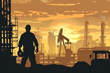 The silhouette of a worker with a helmet in his hands against the background of an oil field and a sultry sunset.