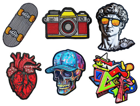 90s, skate boards life embroidered patch badge set on transparent background