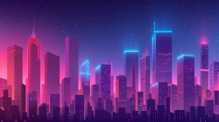 A digital painting of a cityscape at night. The colors are pink, purple, and blue. The style is retro and futuristic. - obrazy, fototapety, plakaty