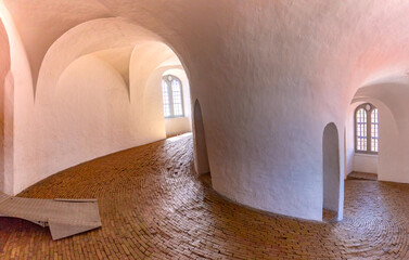 Unique spiral structure of Round Tower, Rundetaarn, interior in Copenhagen, Denmark