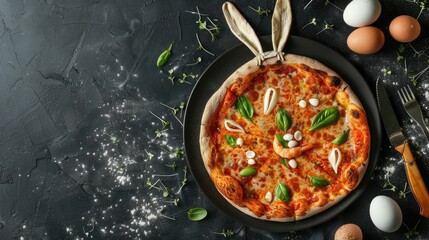A delicious Easter pizza idea with bunny ears, eggs, and cutlery.