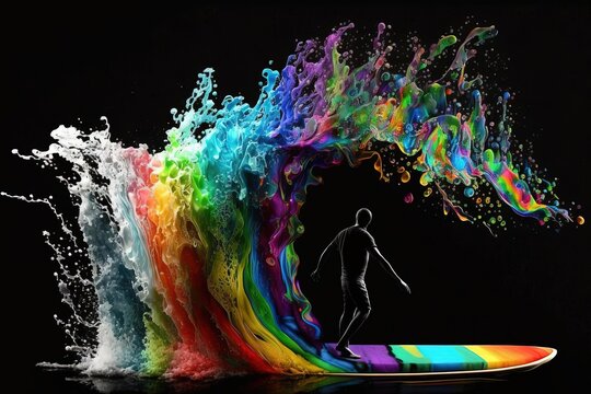 Man Standing on Surfboard in Vibrant Digital Art - Rainbow Liquid Barrel Action Painting