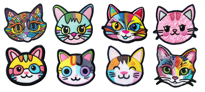 Cute kitty face embroidered patch badge set on transparent background.