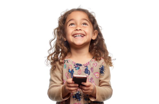 Young Girl Happy with Phone on Transparent