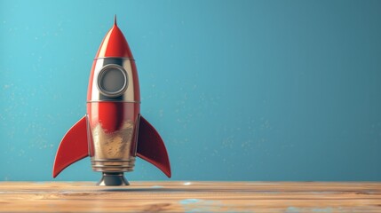 A 3D rendering of a stylish retro rocket, combining red and silver tones for a classic yet futuristic look