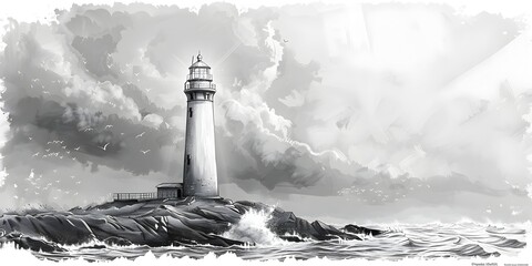 Solitary Lighthouse Standing Tall Against Crashing Ocean Waves A Beacon of Safety and Hope - obrazy, fototapety, plakaty