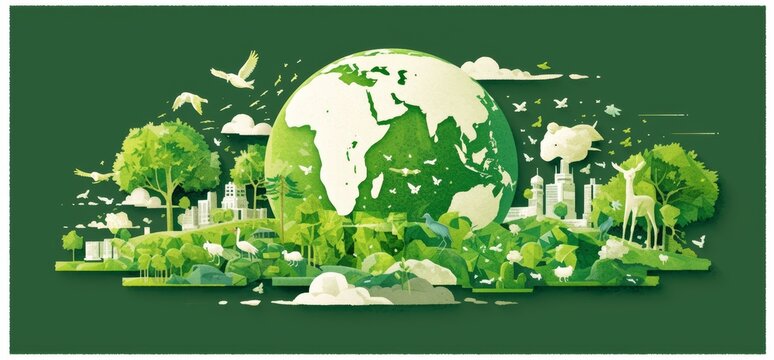 Paper art style depicting the Earth with trees and animals on it, against a dark green background. Concept for World Wildlife Day, environment or ecology themes. 
