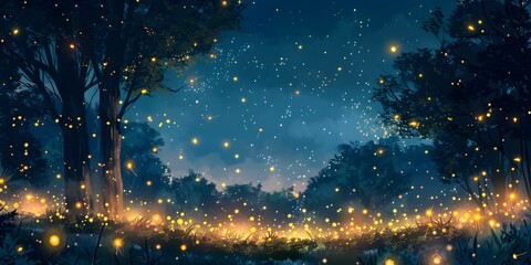 Enchanting Firefly Dance under the Twilight Glow in the Lush Forest Meadow