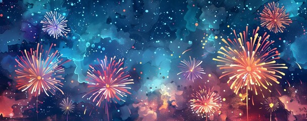 Fototapeta premium Vibrant Fireworks Bursting Across the Captivating Night Sky During a Joyful New Year s Eve