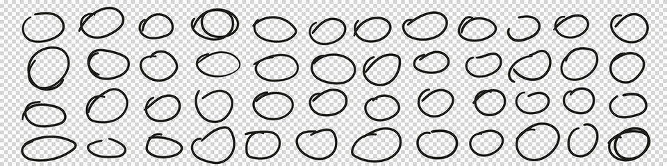 Hand drawn ovals and circles set. Ovals of different widths. Highlight circle frames. Ellipses in doodle style. Set of vector illustration isolated on transparent background.