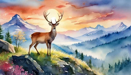 Foto op Aluminium deer on mountain top at sunrise in spring  watercolor postcard © Zaheer