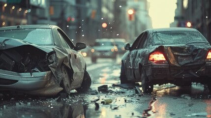 Realistic depiction of an auto accident involving two cars on a city street - obrazy, fototapety, plakaty