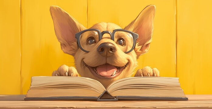 high quality photos of a smiling dog wearing glasses reading an open book on a yellow background