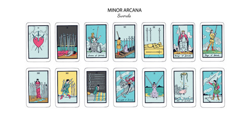 Tarot cards vector deck . Minor Arcana Swords set. Occult esoteric spiritual Tarot Ace, King, Queen, Knight, Page, Two through Ten signs. Isolated colored hand drawn illustrations
