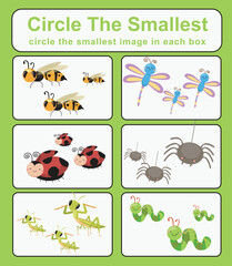 Circle the smallest worksheet. Learning about comparison. Printable activity page for kids. Educational children game