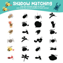 Look the animal image on the left and circle the correct shadow of each animal. Find the correct shadow. Printable activity page for kids