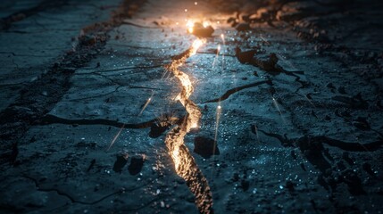 Dramatic illustration of a crack in the ground with a glowing light effect, symbolizing rupture and transformation - obrazy, fototapety, plakaty