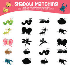 Look the animal image on the left and circle the correct shadow of each animal. Find the correct shadow. Printable activity page for kids