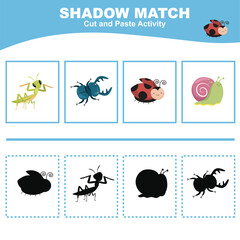 Cut the image in each box and glue it on each shadow. Find the correct shadow. Cut and paste activity for children