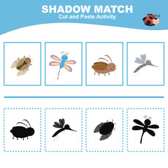 Cut the image in each box and glue it on each shadow. Find the correct shadow. Cut and paste activity for children
