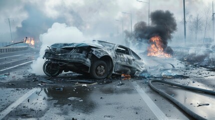 Graphic depiction of a horrific traffic accident with a smoking and burning vehicle lying in a rollover position