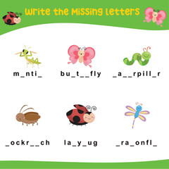 Missing letters worksheet. Complete the letters in English. Kids educational game. Printable worksheet for preschool. Writing practice. Vector 