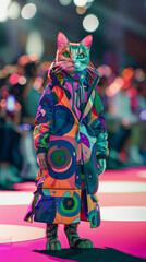 Stylish Cat in Colorful Abstract Coat Posing in Urban Lights - 783853500