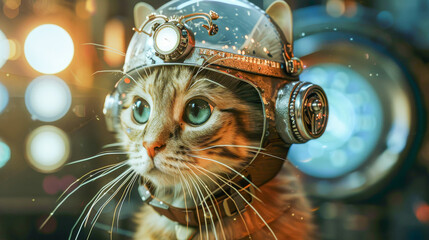 Steampunk Cat in Vintage Style Helmet with Goggles - 783853512
