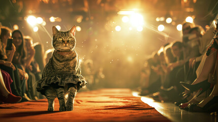 Fashionable Cat Struts on Runway at Glamorous Pet Fashion Show - obrazy, fototapety, plakaty