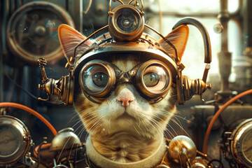 Steampunk Cat with Goggles and Helmet Surrounded by Machinery - 783853548