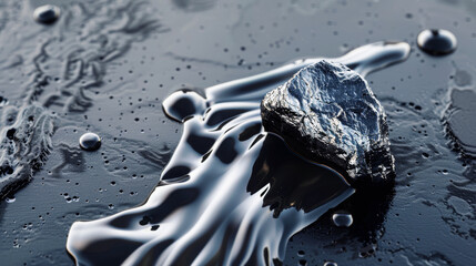 Surreal Silver Liquid Texture with Stone on Black Surface - 783853593