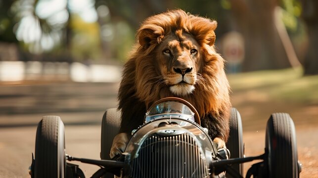 Powerful Lion Commandeering High-Speed Racing Car on Winding Track