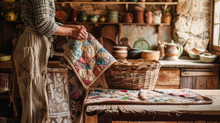 Rustic Kitchen Interior with Vintage Quilt and Wicker Basket