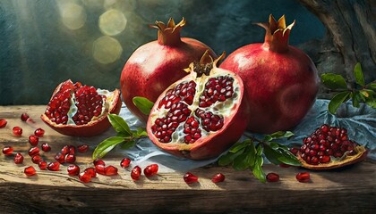 Pomegranate table background fruit top view wood white juice food wooden red cut half above ripe....