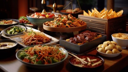 Variety of appetizers and snacks on a buffet table in a restaurant