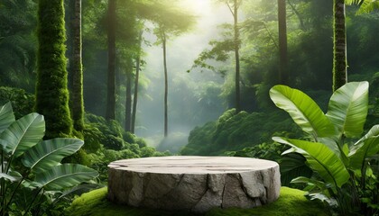 Podium background product green nature 3D forest stand white plant. Cosmetic background product...