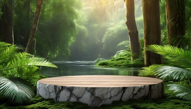 Podium background product green nature 3D forest stand white plant. Cosmetic background product podium display wood jungle studio garden beauty platform presentation mockup pedestal stone tropica