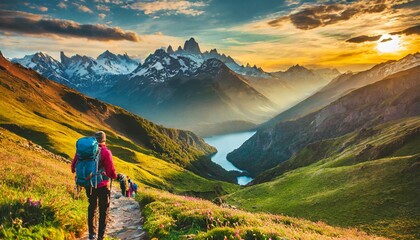 Mountain travel hike people adventure man summer journey tourism group sunset trekking. Hike travel woman mountain walk active backpack nature together sport young trail outdoor tourist hiker person
