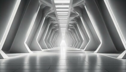 White background 3D room light abstract space technology tunnel stage floor. Empty white future 3D neon background studio futuristic corridor render modern interior silver road black wall design gray
